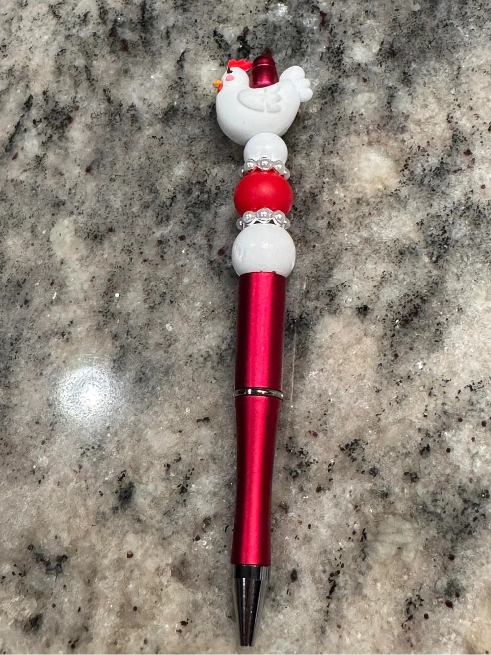 Hand Crafted Red and White Chicken Bead Pen